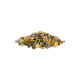 Eine bunte Mischung aus getrockneten Kräutern und Gemüse für Haustiere, mit grünen Blättern, orangefarbenen und gelben Stücken sowie kleinen Blumen.