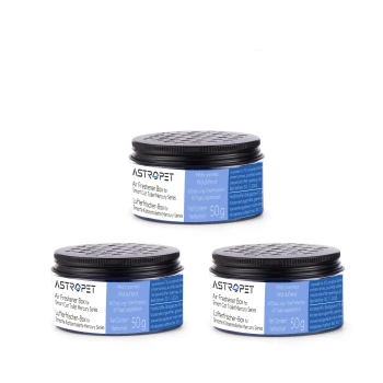 Drei schwarze Lufterfrischer-Behälter, beschriftet mit "ASTROPET Air Freshener Box für Smart Cat Toilet Mercury Series," jeder mit einem Nettogewicht von 50g.