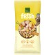 Gelbe Real Nature Frish Senior-Hundefuttertüte, Huhn mit Kartoffel & Karotte, grünes 'NEW - NEU'-Label und Hundefoto.