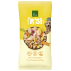 Gelbe Real Nature Frish Senior-Hundefuttertüte, Huhn mit Kartoffel & Karotte, grünes 'NEW - NEU'-Label und Hundefoto.