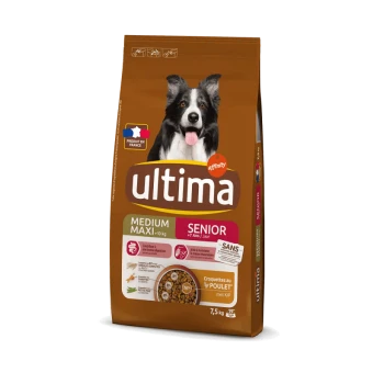 Sac de nourriture pour chien étiqueté "Ultima" pour chiens seniors, 7+ ans, 7,5 kg, présentant un chien noir et blanc, avec du poulet comme ingrédient principal.