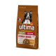 Sac de nourriture pour chien étiqueté "Ultima" pour chiens seniors, 7+ ans, 7,5 kg, présentant un chien noir et blanc, avec du poulet comme ingrédient principal.