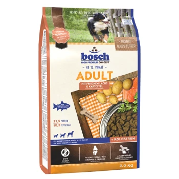Bosch Hundefutterbeutel für Erwachsene mit frischem Lachs und Kartoffeln, 3,0 kg, mit 21,5 % Protein und 10,5 % Fett, geeignet für Hunde über 12 Monate.