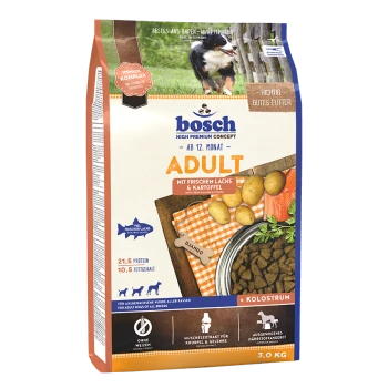 Bosch Hundefutterbeutel für Erwachsene mit frischem Lachs und Kartoffeln, 3,0 kg, mit 21,5 % Protein und 10,5 % Fett, geeignet für Hunde über 12 Monate.