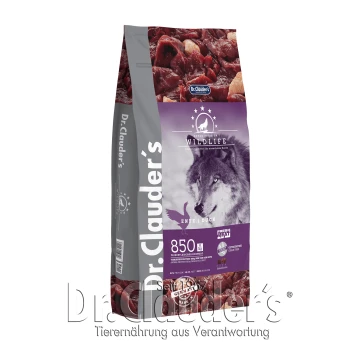 Dr. Clauder's Wildlife Hundefutterbeutel mit einem Wolf-Bild, beschriftet mit "Ente | Duck", mit 850g pro kg, 24 % Protein, 12 % Fett, getreidefrei.
