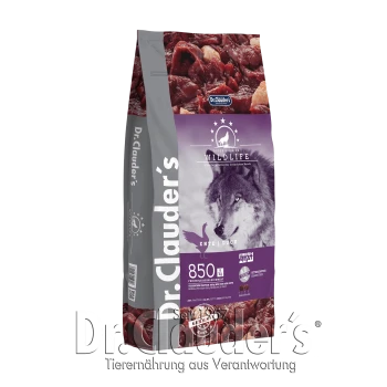 Dr. Clauder's Wildlife Hundefutterbeutel mit einem Wolf-Bild, beschriftet mit "Ente | Duck", mit 850g pro kg, 24 % Protein, 12 % Fett, getreidefrei.
