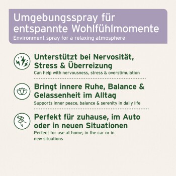 Etikett „Umgebungsspray für entspannte Wohlfühlmomente“ — Raumspray; lindert Nervosität und Stress, fördert innere Ruhe; für Zuhause, Auto und neue Situationen.