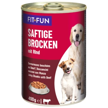 Dose Hundefutter mit der Aufschrift 'FIT+FUN SAFTIGE BROCKEN mit Rind', mit saftigen Stücken mit Rindfleisch, 400g, mit Bildern eines Hundes und eines Welpen.