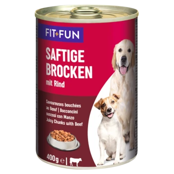 Dose Hundefutter mit der Aufschrift 'FIT+FUN SAFTIGE BROCKEN mit Rind', mit saftigen Stücken mit Rindfleisch, 400g, mit Bildern eines Hundes und eines Welpen.
