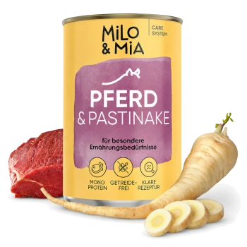 Dosen-Hundefutter "Milo & Mia" mit einem Cartoon-Hund, beschriftet mit "Pferd und Pastinake" und Vorteilen wie "Immun Booster" und "Darm Wohl."