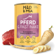 Dosen-Hundefutter "Milo & Mia" mit einem Cartoon-Hund, beschriftet mit "Pferd und Pastinake" und Vorteilen wie "Immun Booster" und "Darm Wohl."