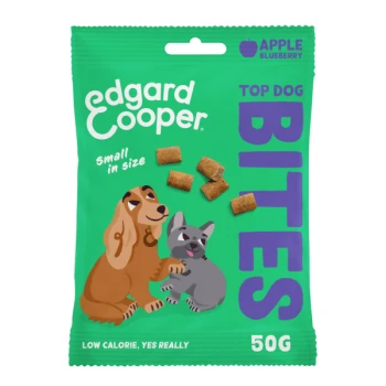 Edgard Cooper Top Dog Bites packaging shows a playful brown and gray dog, 50g apple blueberry treats labeled "small" and "low calorie."