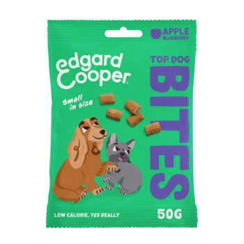 Edgard Cooper Top Dog Bites packaging shows a playful brown and gray dog, 50g apple blueberry treats labeled "small" and "low calorie."