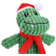 Grünes, strukturiertes Plüsch-Alligator-Spielzeug mit rotem Weihnachtsmütze und Schal, lächelt mit weißen Zähnen.
