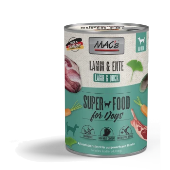 Dosenfutter für Hunde mit der Aufschrift "MAC's Lamm & Ente", das Lamm und Ente enthält und als getreidefrei und mit hohem Fleischanteil beworben wird.