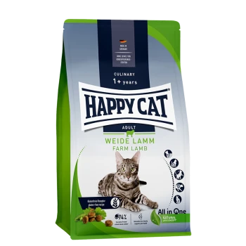 Eine Tüte Happy Cat Adult Katzenfutter mit einer getigerten Katze, beschriftet mit "Weide Lamm", geeignet für Katzen ab 1 Jahr, glutenfreies Rezept.