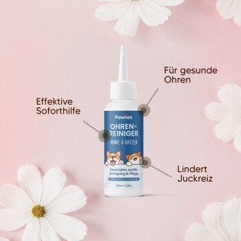 Ein Tierarzt, der eine Ohrreinigungslösung ins Ohr eines Hundes aufträgt, mit dem Text 'EINFACHE ANWENDUNG' und 'Zur Reinigung des äußeren Gehörgangs' sichtbar.
