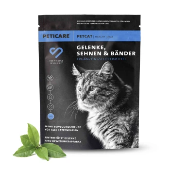 Nahaufnahme des Gesichts einer Katze auf einer Verpackung für Nahrungsergänzungsmittel mit der Aufschrift "PETCARE PETCAT HEALTH 3502", die Gelenkunterstützung für alle Rassen bewirbt.