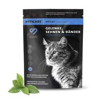 Nahaufnahme des Gesichts einer Katze auf einer Verpackung für Nahrungsergänzungsmittel mit der Aufschrift "PETCARE PETCAT HEALTH 3502", die Gelenkunterstützung für alle Rassen bewirbt.