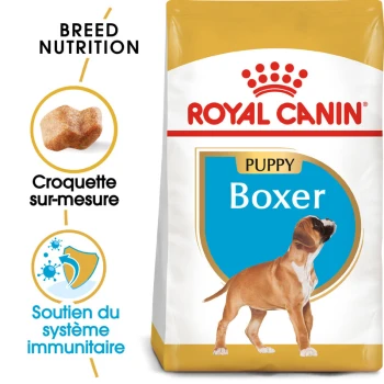 Sac de nourriture pour chiens Royal Canin Puppy Boxer avec une illustration de chiot Boxer, avec un texte mettant en avant la nutrition de la race et le soutien immunitaire.