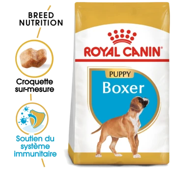 Sac de nourriture pour chiens Royal Canin Puppy Boxer avec une illustration de chiot Boxer, avec un texte mettant en avant la nutrition de la race et le soutien immunitaire.