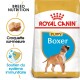 Sac de nourriture pour chiens Royal Canin Puppy Boxer avec une illustration de chiot Boxer, avec un texte mettant en avant la nutrition de la race et le soutien immunitaire.