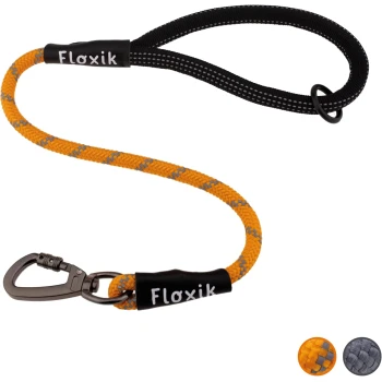 Eine lebendige orange-graue geflochtene Hundeleine mit einem schwarzen Griff, beschriftet mit "Floxik" und einem Metallclip zur Befestigung.