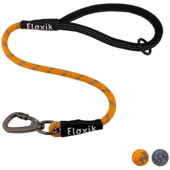 Eine lebendige orange-graue geflochtene Hundeleine mit einem schwarzen Griff, beschriftet mit "Floxik" und einem Metallclip zur Befestigung.