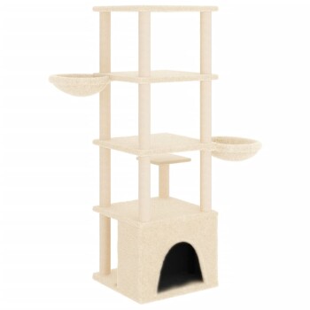 Ein hoher, beiger Kratzbaum für Katzen mit mehreren Ebenen, der zwei hängende Schalen, eine kleine Plattform und ein gemütliches Versteck am Boden hat.