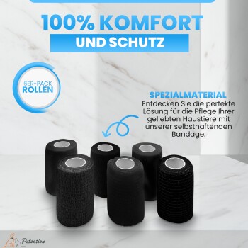 Schwarze selbstklebende Verbandrollen auf Marmor, beschriftet mit "100% KOMFORT UND SCHUTZ" und "6ER-PACK ROLLEN," fördert die Verwendung in der Tierpflege.
