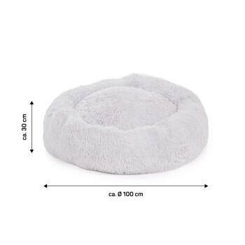Graues rundes Hundebett, etwa 100 cm im Durchmesser und 30 cm hoch, mit einer weichen, flauschigen Textur.