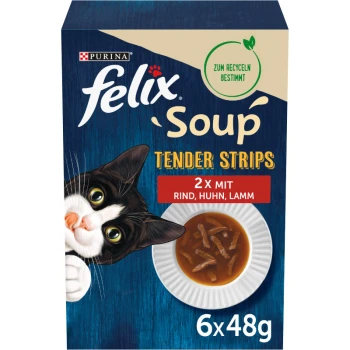 Soup Tender Strips Suppe 24x48g Felix Soup Tender Strips Katzenfutterverpackung mit einer verspielten schwarz-weißen Katze, einer Schüssel Suppe und Geschmacksrichtungen: Rind, Hähnchen, Lamm.