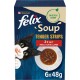 Opakowanie karmy dla kotów Felix Soup Tender Strips z zabawnym czarno-białym kotem, miską z zupą i smakami: wołowina, kurczak, jagnięcina.