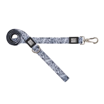 Blau-weiße Hundeleine mit Blattmuster, Metallverschluss und D-Ring, beschriftet mit 'Max & Molly'