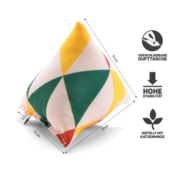 Buntes dreieckiges Katzenspielzeug, gefüllt mit Katzenminze, mit einer Seitenlänge von 17 cm, ausgestattet mit einem Reißverschlussbeutel zum Nachfüllen.