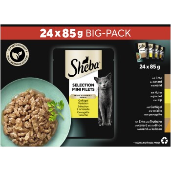 Sheba Selection Mini Filets Großpackung, 24 x 85g, mit einer Schüssel mit Nassfutter für Katzen mit Fleischstücken und einer grauen Katze auf der Verpackung.