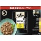 Sheba Selection Mini Filets Großpackung, 24 x 85g, mit einer Schüssel mit Nassfutter für Katzen mit Fleischstücken und einer grauen Katze auf der Verpackung.
