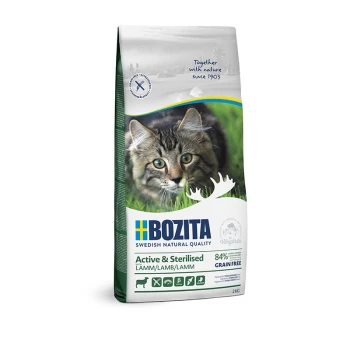 Eine Tüte Bozita Katzenfutter mit einer Nahaufnahme einer getigerten Katze auf der Vorderseite, gekennzeichnet mit "Aktiv & Sterilisiert", 84% tierisches Protein, getreidefrei, 2kg.
