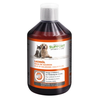 Bottle of salmon oil for pets, featuring a cat and dog on the label, with text highlighting omega-3 benefits and vitality support.
