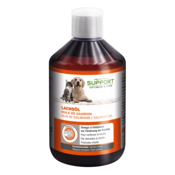 Bottle of salmon oil for pets, featuring a cat and dog on the label, with text highlighting omega-3 benefits and vitality support.