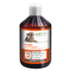 Flasche mit Lachsöl für Haustiere, mit einer Katze und einem Hund auf dem Etikett, mit Text, der die Vorteile von Omega-3 und Vitalitätsunterstützung hervorhebt.
