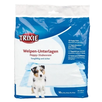 Opakowanie podkładek dla szczeniąt Trixie z uroczą ilustracją psa, oznaczone "Welpen-Unterlagen," podkreślające cechy chłonne i odporne na przeciekanie.