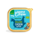 Nourriture humide pour chiots à base de poulet et de poisson, 100g, sans céréales, avec un fond bleu illustré d'un poulet et d'icônes d'animaux.