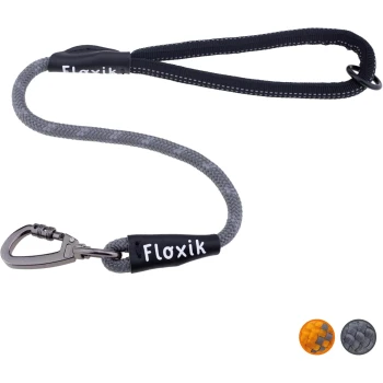 Eine strapazierfähige Haustierleine mit einem grauen geflochtenen Design und einem schwarzen gepolsterten Griff, mit einem Metallkarabiner und dem Markennamen "Floxik."