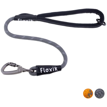 Eine strapazierfähige Haustierleine mit einem grauen geflochtenen Design und einem schwarzen gepolsterten Griff, mit einem Metallkarabiner und dem Markennamen "Floxik."