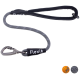 Eine strapazierfähige Haustierleine mit einem grauen geflochtenen Design und einem schwarzen gepolsterten Griff, mit einem Metallkarabiner und dem Markennamen "Floxik."