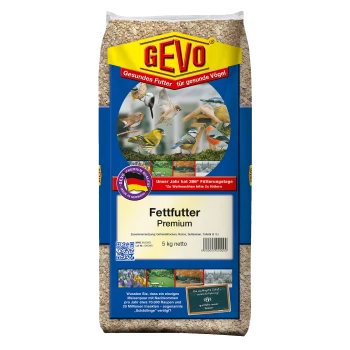Sack GEVO Fettfutter Premium Vogelfutter mit Bildern verschiedener Vögel und deutschem Text auf dem Etikett.