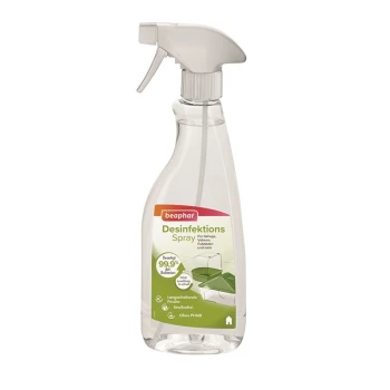 Desinfektionsspray Vogel & Nager 500 ml Beaphar Desinfektionsspray-Flasche mit einem Sprühkopf, mit einem Etikett, das auf Deutsch besagt: '99,9% wirksam gegen Bakterien'.