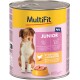 Dosenfutter für Hunde "MultiFit Paté Junior" mit einem braun-weißen Welpen, gekennzeichnet mit "keine zugesetzten Zucker", reich an Geflügel und Karotten.
