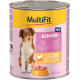 Dosenfutter für Hunde "MultiFit Paté Junior" mit einem braun-weißen Welpen, gekennzeichnet mit "keine zugesetzten Zucker", reich an Geflügel und Karotten.